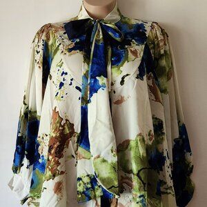 Sweet Girl blouse sz XXL trapeze style ecru royal blue olive green EUC